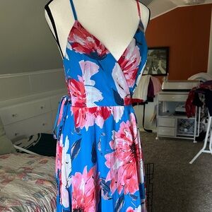 Lulu's Vibrant Blue and Pink Floral Maxi Wrap Dress